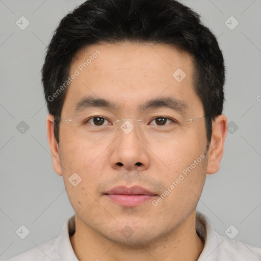 Neutral asian young-adult male with short  black hair and brown eyes