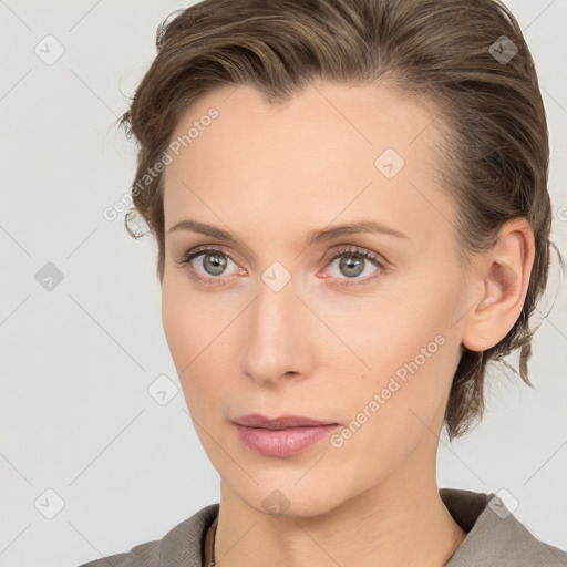 Neutral white young-adult female with medium  brown hair and grey eyes