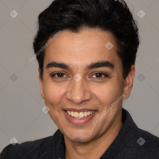 Joyful white young-adult male with short  black hair and brown eyes