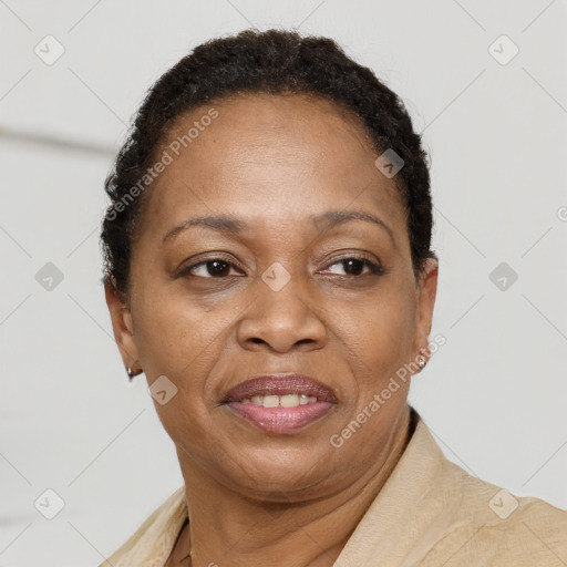 Joyful black adult female with short  brown hair and brown eyes