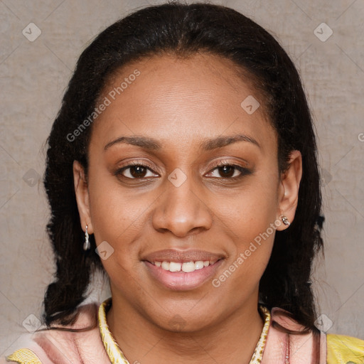 Joyful latino young-adult female with long  brown hair and brown eyes