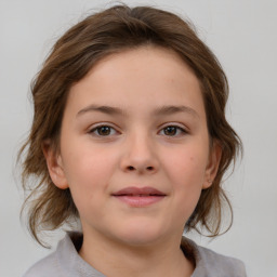 Joyful white child female with medium  brown hair and brown eyes