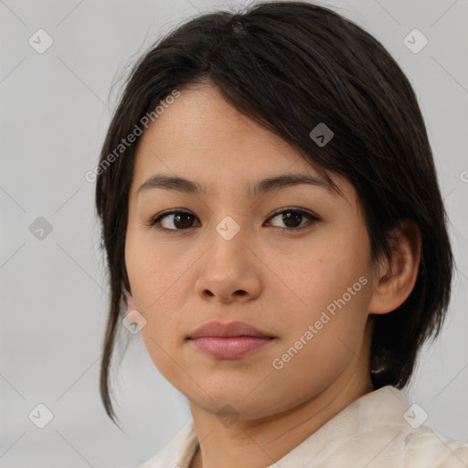 Neutral asian young-adult female with medium  brown hair and brown eyes