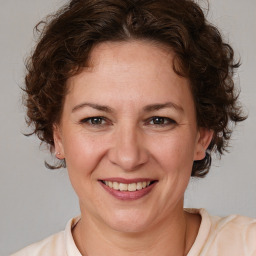 Joyful white adult female with medium  brown hair and brown eyes