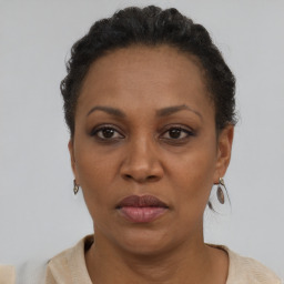 Neutral black adult female with short  brown hair and brown eyes