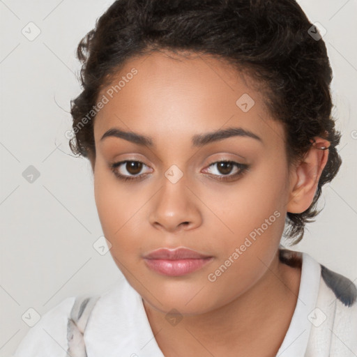 Neutral latino young-adult female with medium  brown hair and brown eyes