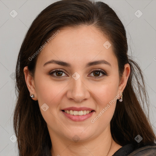 Joyful white young-adult female with long  brown hair and brown eyes