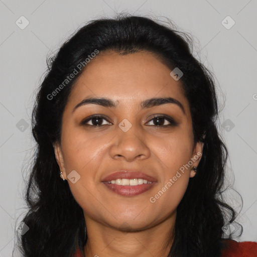 Joyful latino young-adult female with long  black hair and brown eyes