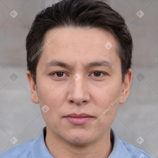 Joyful white adult male with short  brown hair and brown eyes