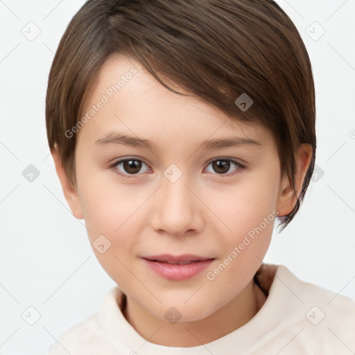 Joyful white child female with short  brown hair and brown eyes