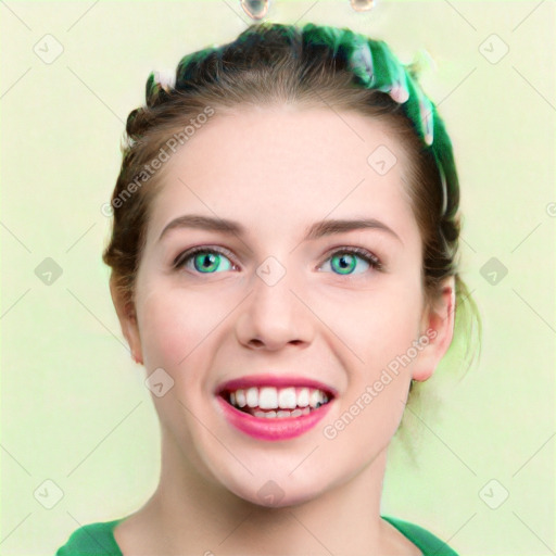 Joyful white young-adult female with medium  brown hair and green eyes