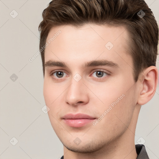 Neutral white young-adult male with short  brown hair and brown eyes