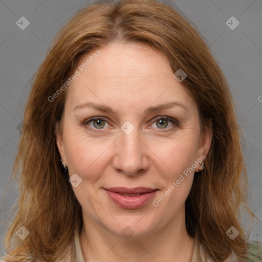 Joyful white adult female with medium  brown hair and grey eyes