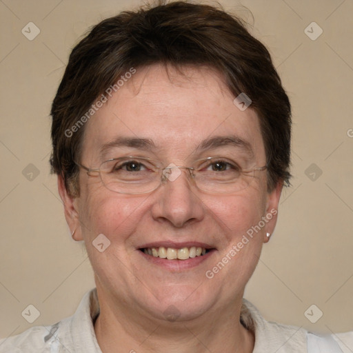 Joyful white adult female with short  brown hair and brown eyes