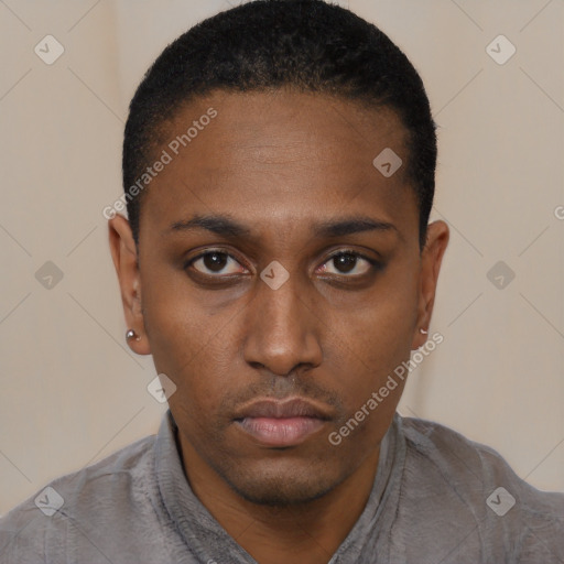 Neutral black young-adult male with short  black hair and brown eyes