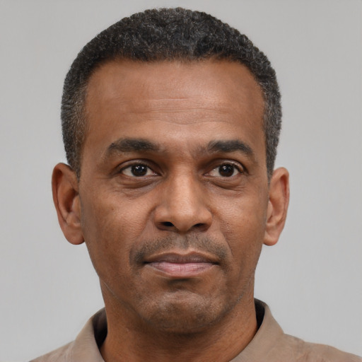 Neutral black adult male with short  black hair and brown eyes