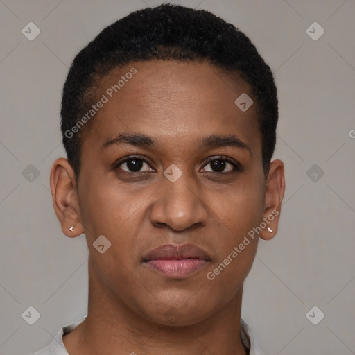 Joyful black young-adult female with short  brown hair and brown eyes