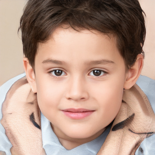 Joyful white child male with medium  brown hair and brown eyes