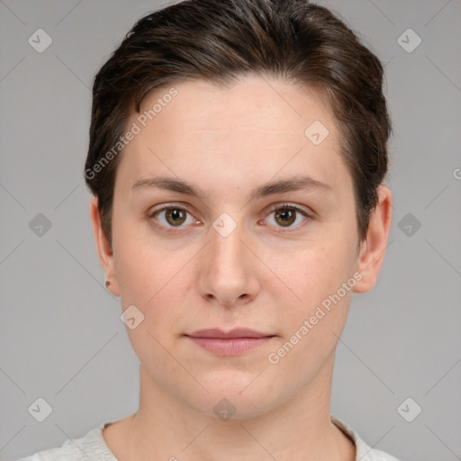 Neutral white young-adult female with short  brown hair and brown eyes