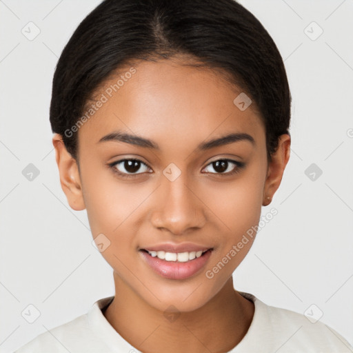 Joyful latino young-adult female with short  brown hair and brown eyes