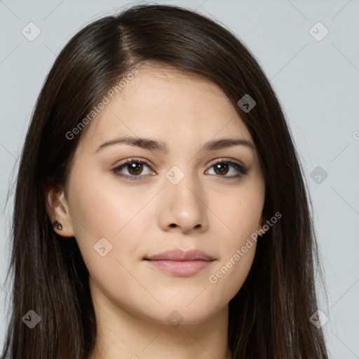 Neutral white young-adult female with long  brown hair and brown eyes