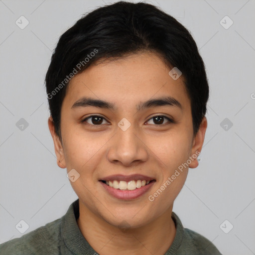 Joyful asian young-adult female with short  brown hair and brown eyes