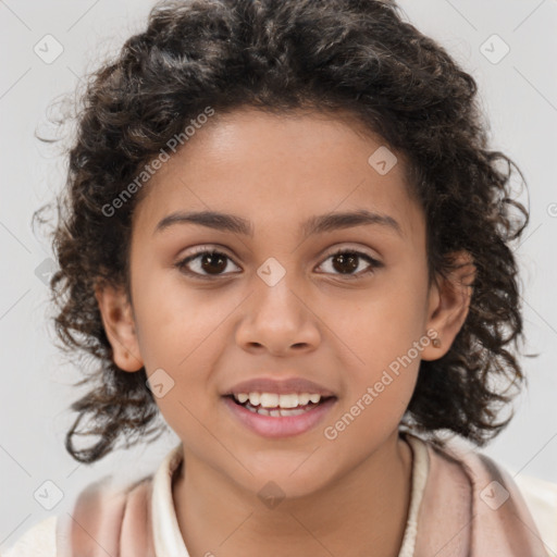 Joyful white child female with medium  brown hair and brown eyes