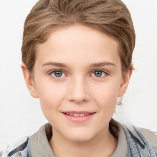 Joyful white child female with medium  brown hair and grey eyes