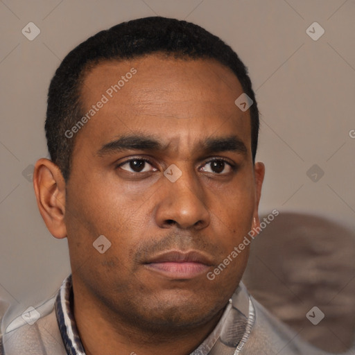 Neutral latino young-adult male with short  brown hair and brown eyes
