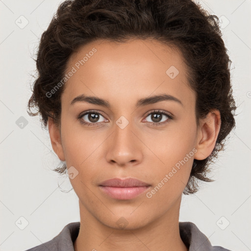 Neutral white young-adult female with short  brown hair and brown eyes