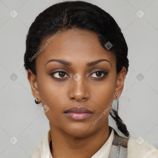 Neutral black young-adult female with short  black hair and brown eyes