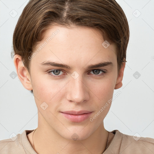 Joyful white young-adult female with short  brown hair and grey eyes