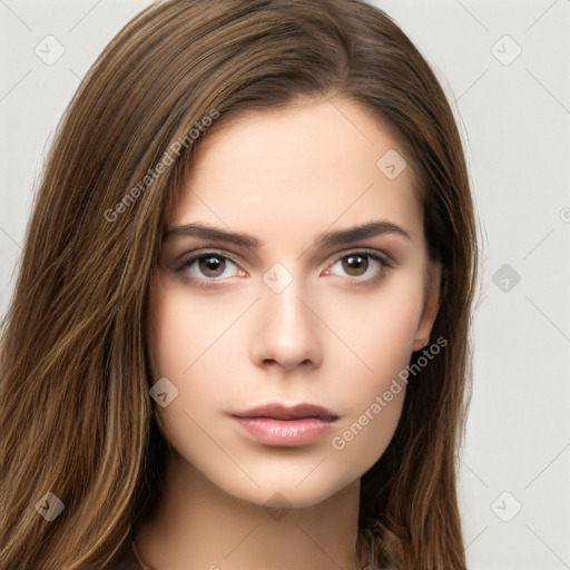 Neutral white young-adult female with long  brown hair and brown eyes