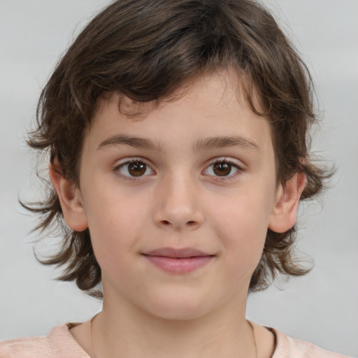 Joyful white child female with medium  brown hair and brown eyes