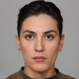 Neutral white young-adult female with short  brown hair and brown eyes