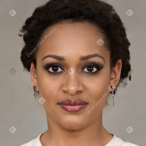 Joyful latino young-adult female with short  brown hair and brown eyes