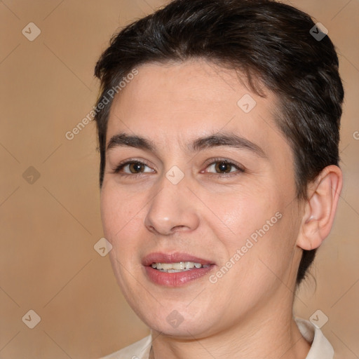 Joyful white young-adult female with short  brown hair and brown eyes