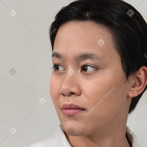 Neutral asian young-adult female with short  brown hair and brown eyes
