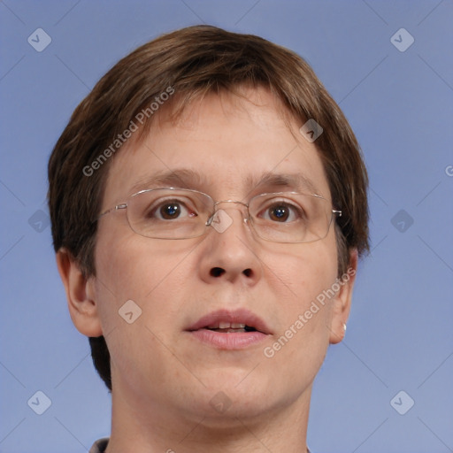 Joyful white adult male with short  brown hair and grey eyes