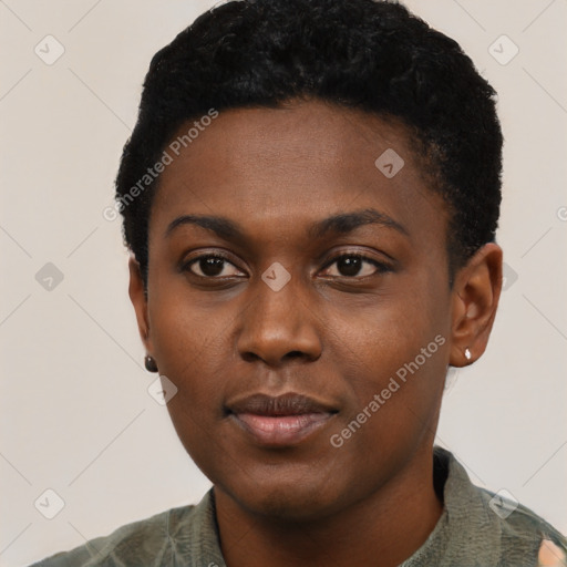 Neutral black young-adult female with short  black hair and brown eyes