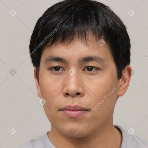 Neutral asian young-adult male with short  black hair and brown eyes