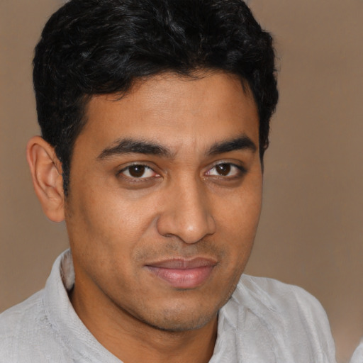 Joyful latino young-adult male with short  brown hair and brown eyes