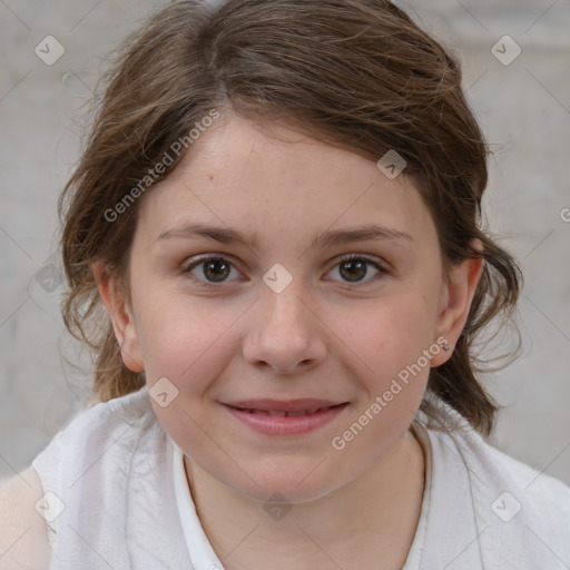 Joyful white child female with medium  brown hair and brown eyes