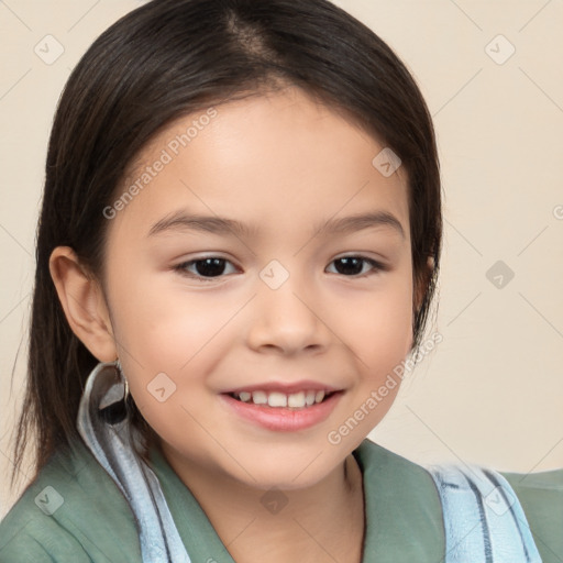 Joyful white child female with medium  brown hair and brown eyes