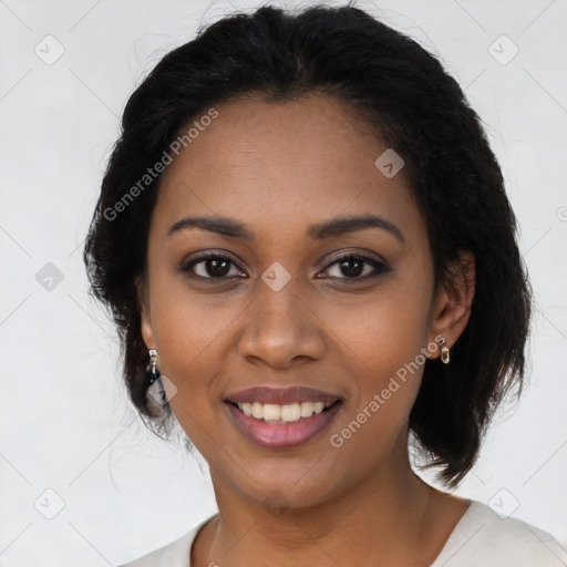 Joyful latino young-adult female with long  black hair and brown eyes