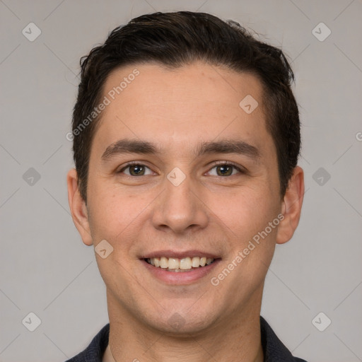 Joyful white young-adult male with short  brown hair and brown eyes