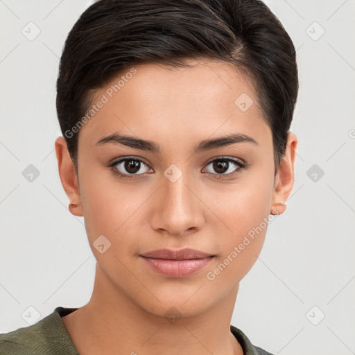 Joyful white young-adult female with short  brown hair and brown eyes