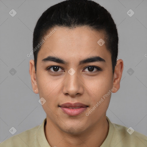 Joyful latino young-adult male with short  black hair and brown eyes