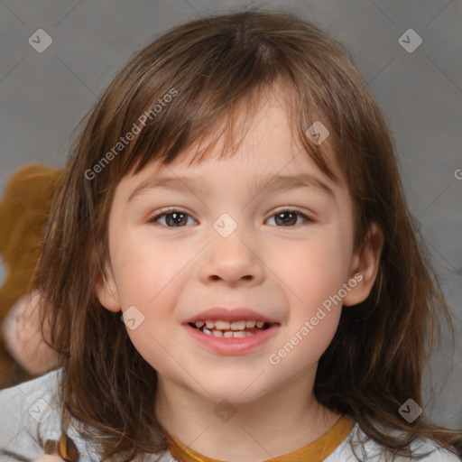 Joyful white child female with medium  brown hair and brown eyes