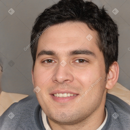 Joyful white young-adult male with short  black hair and brown eyes